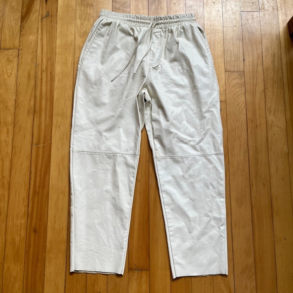 DELUC Cream Faux Leather Elastic Waist Drawstring Cropped Pants M